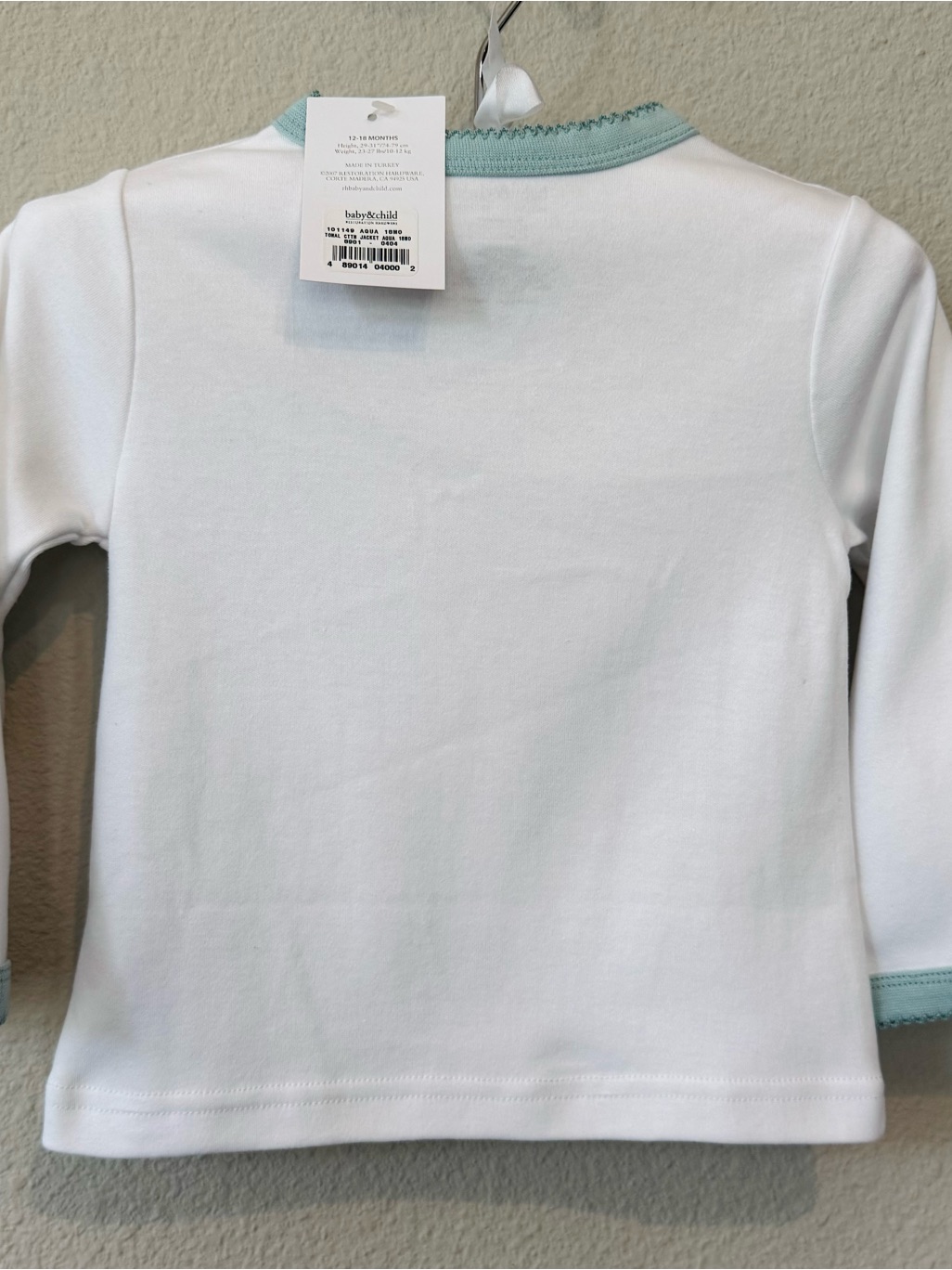 Nwt Restoration Hardware Baby&Child White Long-Sleeve Top With Aqua Trim, 12-18m — image 2 of 5